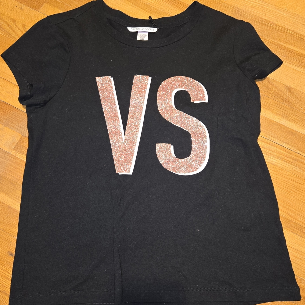 Victoria Secret Black T-Shirt Scoop Neck Short Sleeve XS Glitter Pink Logo